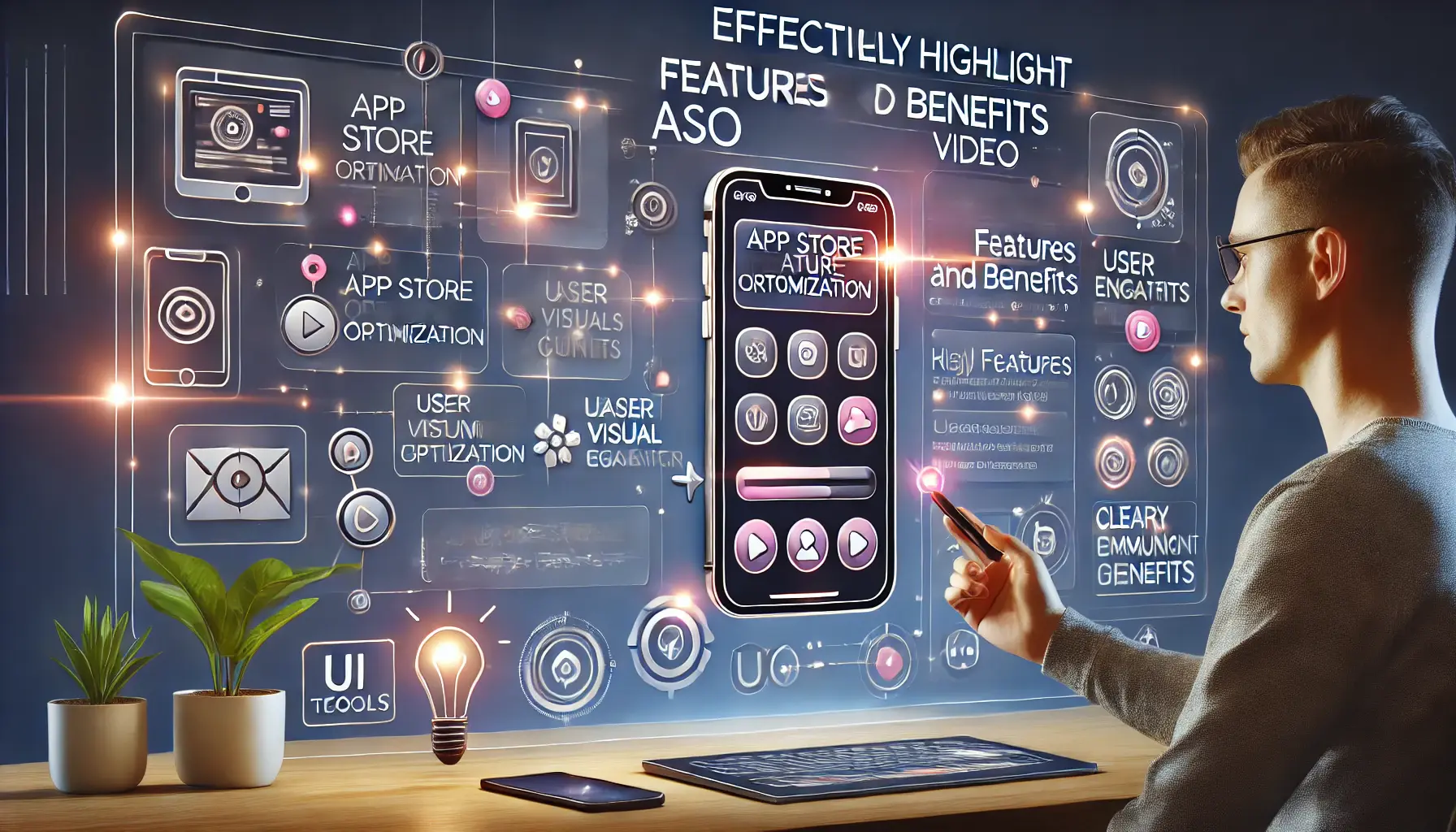 A digital illustration of a designer selecting and emphasizing key features of an app on a preview screen, using visual cues like arrows and icons.