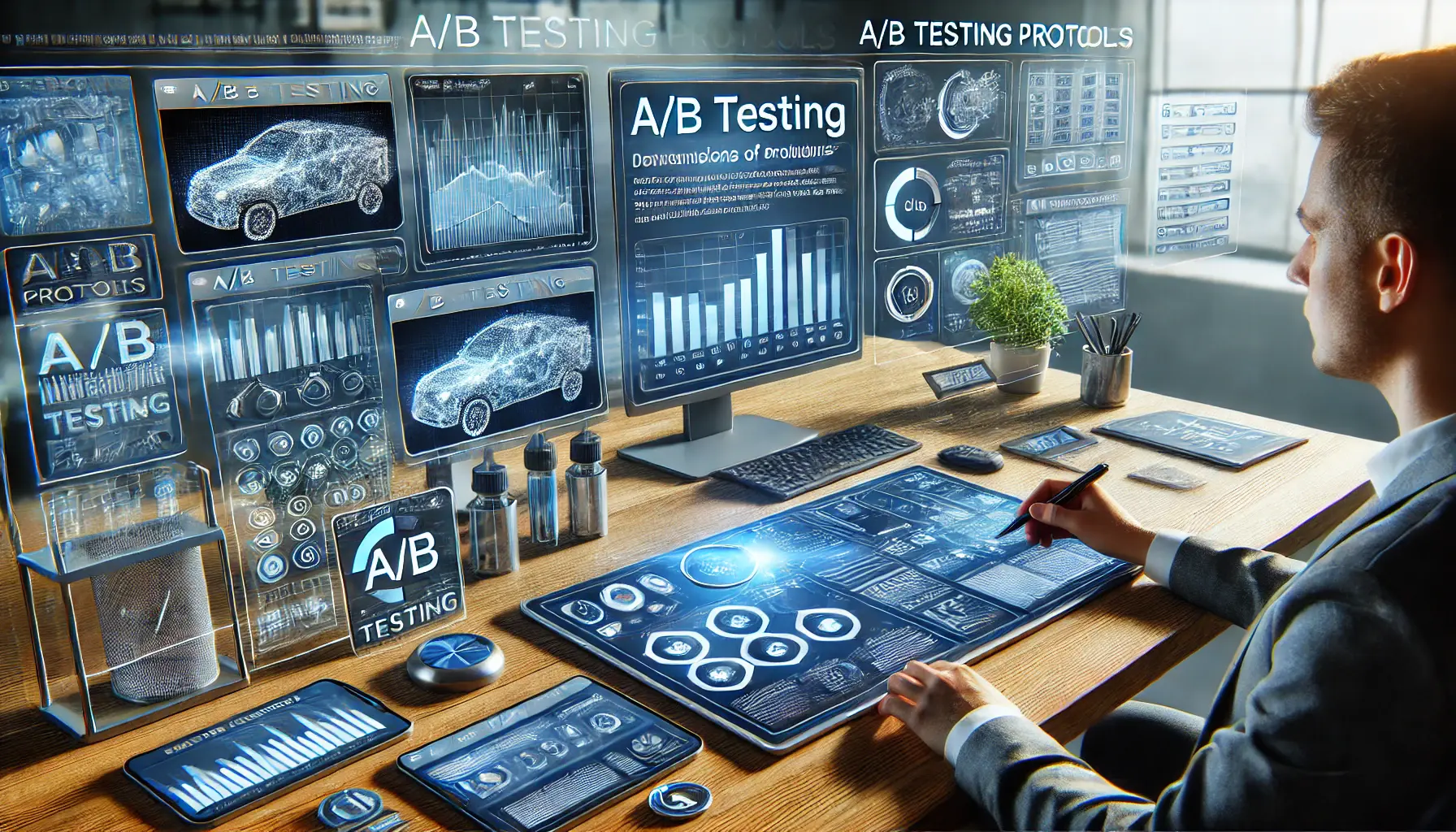 A high-tech digital marketing workspace where AI-powered tools are used for A/B testing. The workspace features analytics dashboards comparing test results with charts and graphs visualizing content performance variations.