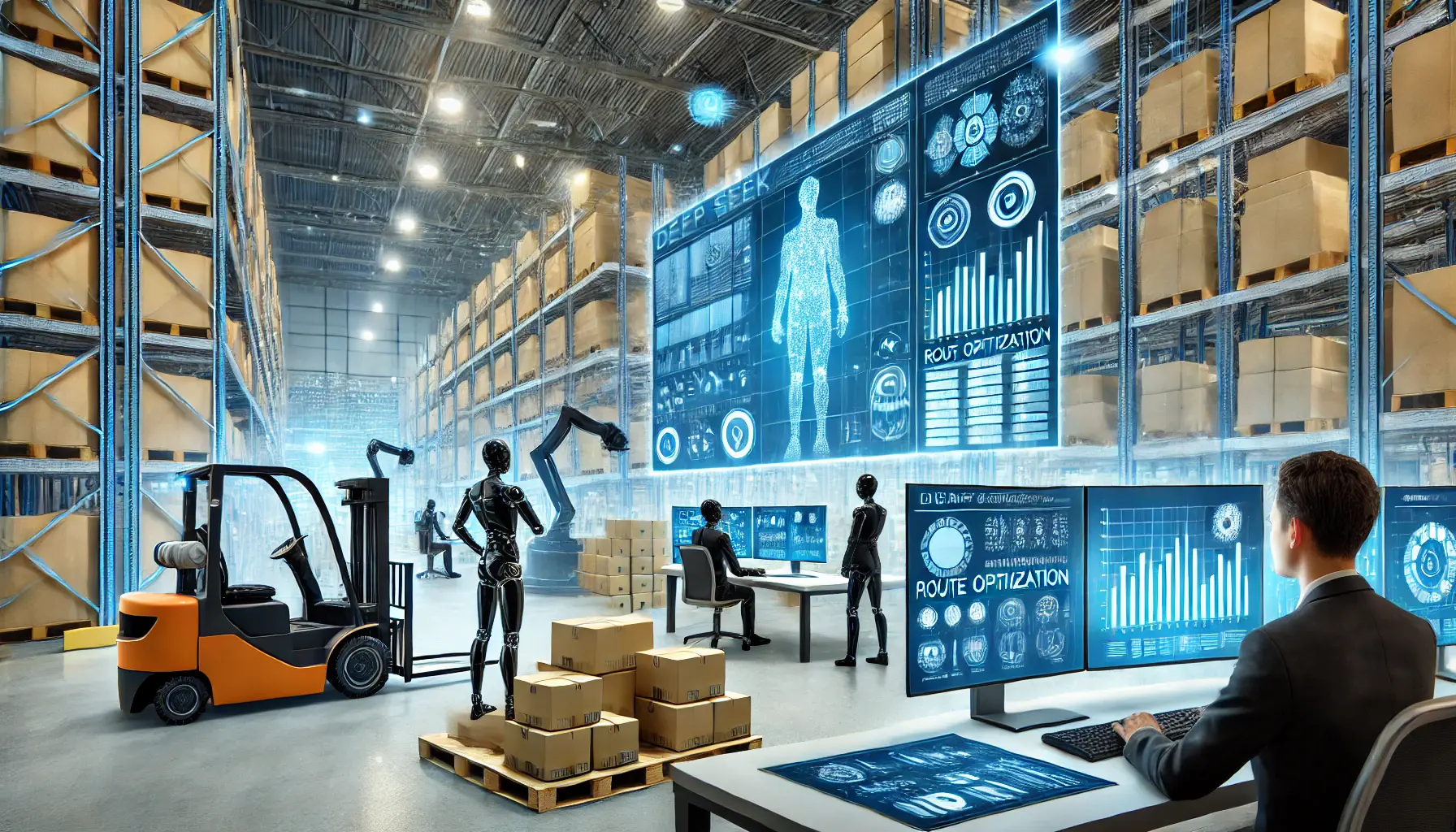 High-tech logistics center with robotic inventory management and AI-driven supply chain optimization.