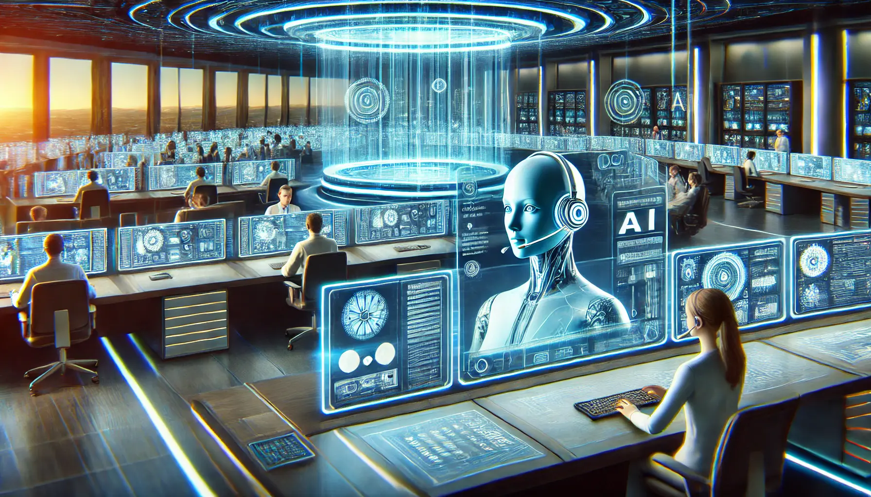 A futuristic control center with AI assistants processing customer queries in real-time, streamlining customer service support.