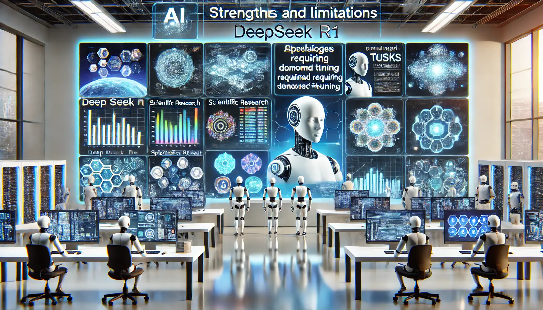 A high-tech AI control center with multiple screens displaying the strengths and limitations of DeepSeek R1 in various fields such as scientific research, finance, and technology development.