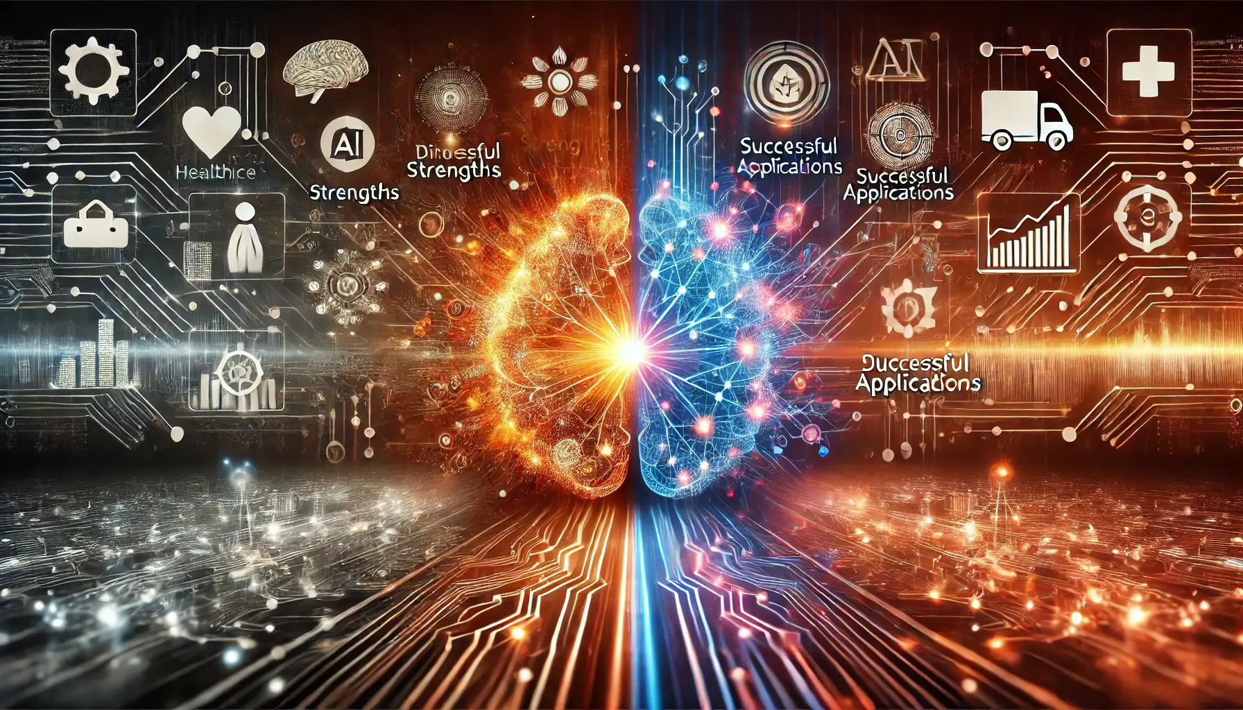 A conceptual visualization showing two contrasting AI systems, one representing strengths with vibrant energy and the other symbolizing limitations with dimmer energy flows, connected by neural circuits.