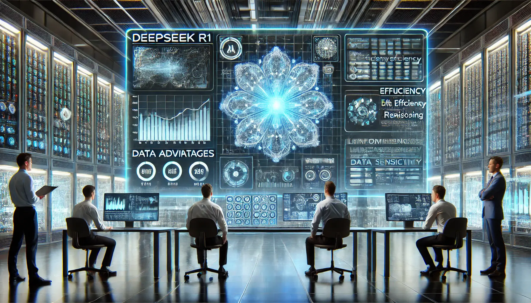 A futuristic AI evaluation dashboard displaying holographic data comparisons of DeepSeek R1’s strengths and limitations, analyzed by engineers in an advanced research lab.