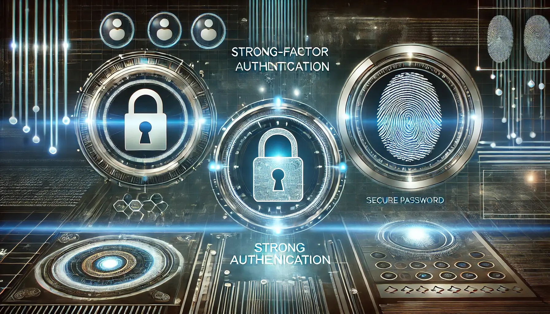 A digital concept showcasing multi-factor authentication with biometric patterns like fingerprint scanning and facial recognition.