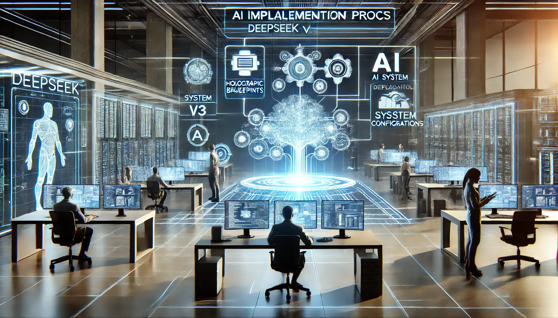 A futuristic AI deployment environment with professionals configuring DeepSeek v3 using holographic blueprints and digital interfaces.