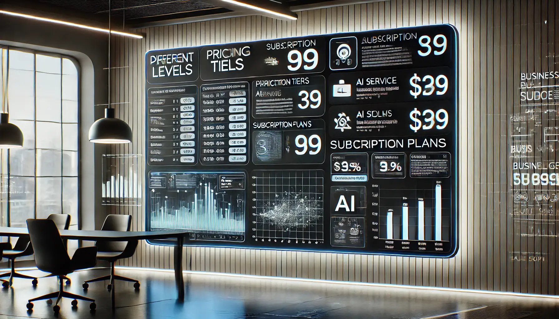 A sleek, modern office environment with digital screens showing pricing tiers and subscription plans for AI services.