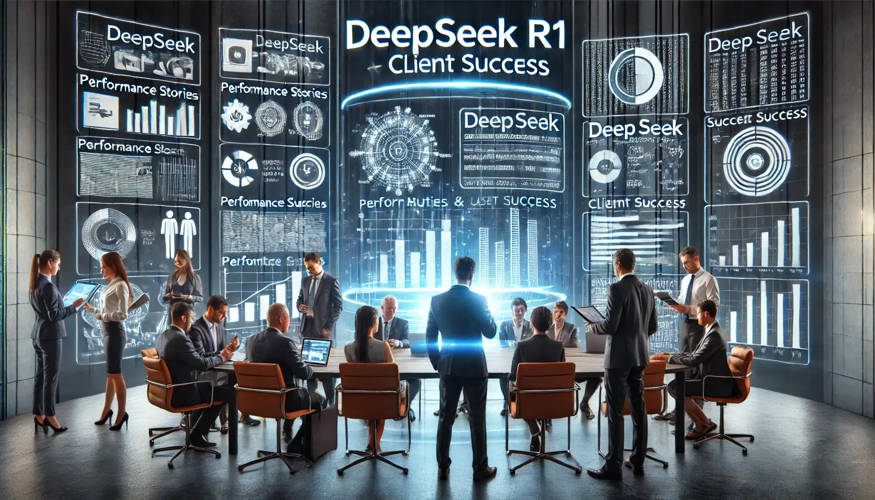 A team of professionals reviewing successful case studies of DeepSeek R1 implementation in various industries with digital screens displaying metrics and results.