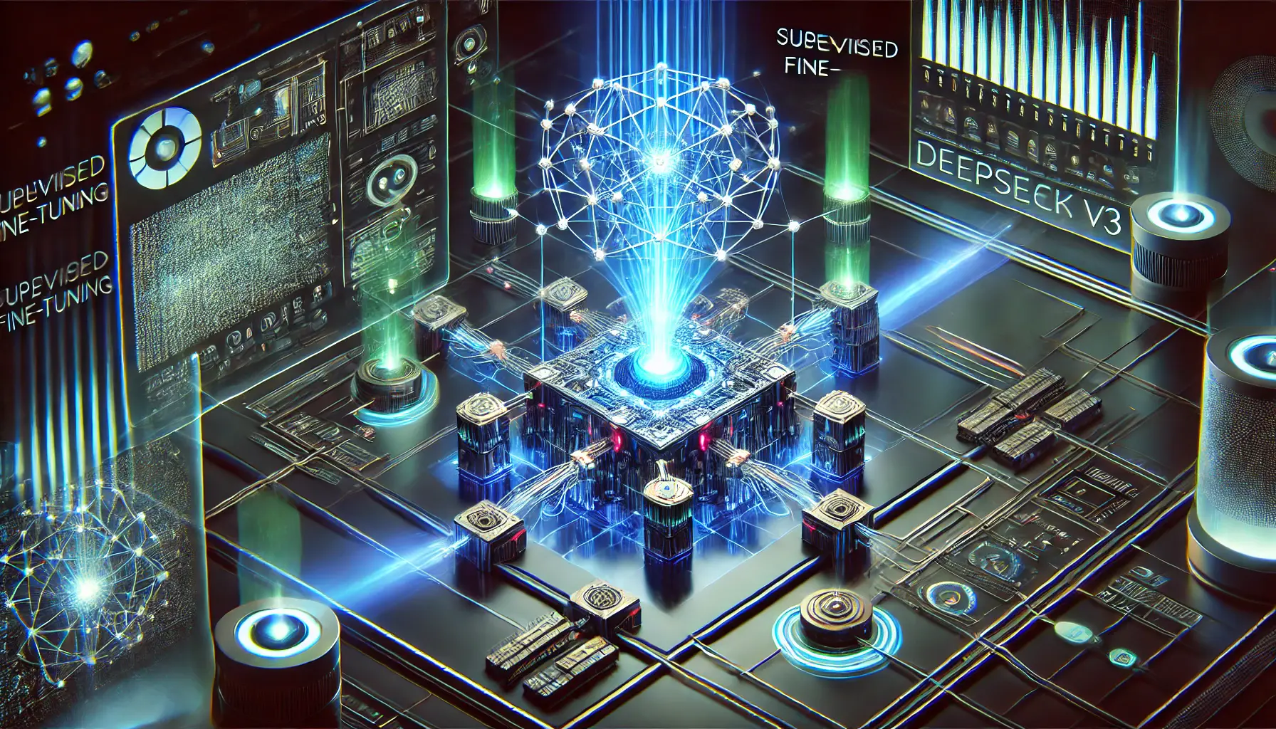 A high-tech visualization of Supervised Fine-Tuning (SFT) in DeepSeek v3, showing a neural network being refined with glowing feedback loops and human oversight.