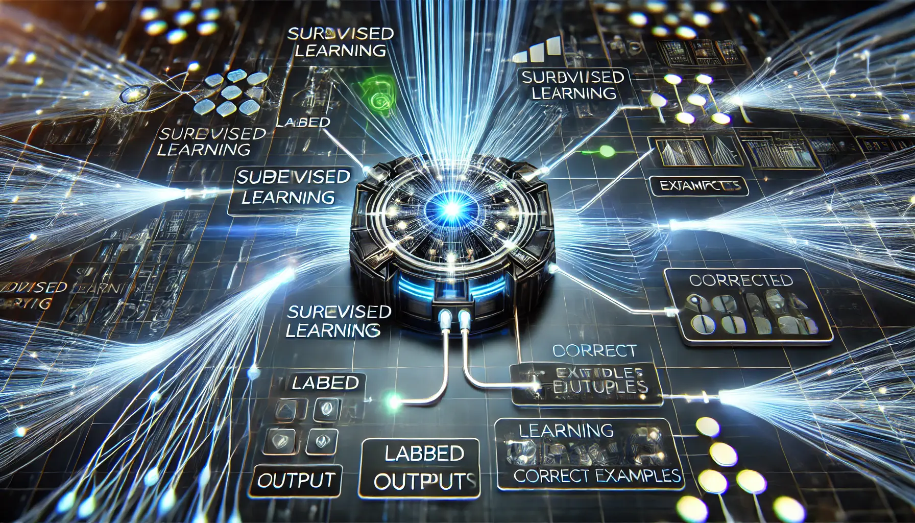 A futuristic visualization of supervised learning in AI, showing data flowing from labeled inputs to corresponding outputs in a neural network.