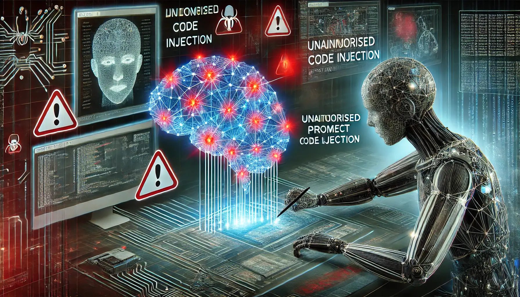 A cybersecurity-themed illustration showing an AI system being manipulated through malicious prompt injection with red warning signals.