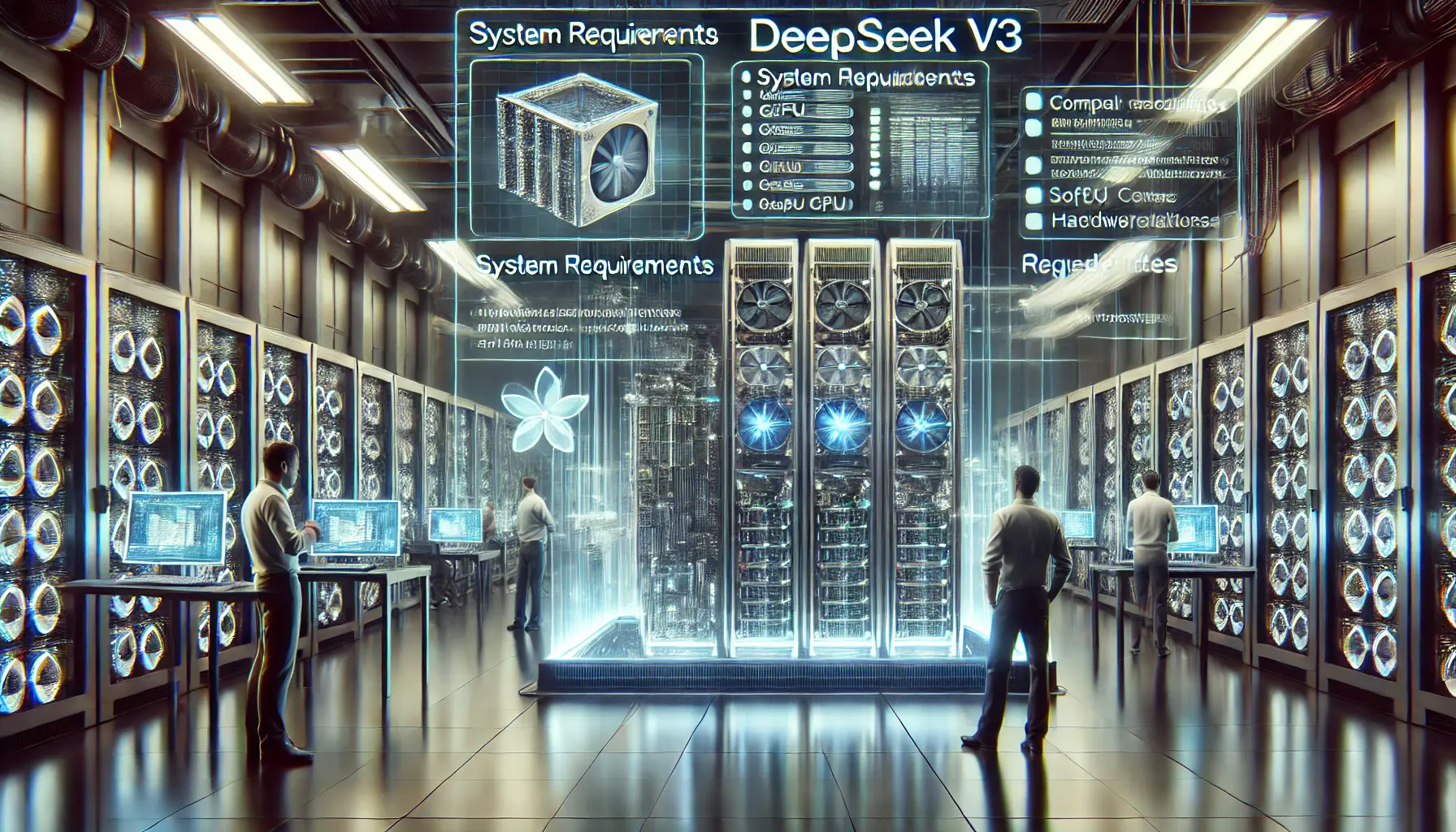 A high-tech server room with advanced GPU clusters and professionals analyzing system compatibility on holographic displays.