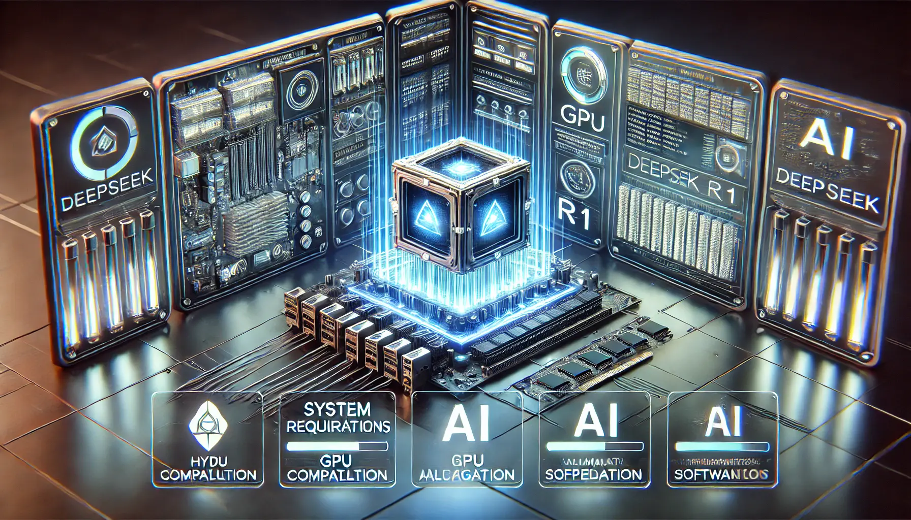 A futuristic technology workspace featuring a high-tech control panel with holographic interfaces displaying system requirements such as hardware specifications, GPU compatibility, RAM allocation, and software dependencies. A central AI processing unit with glowing circuits represents DeepSeek R1.