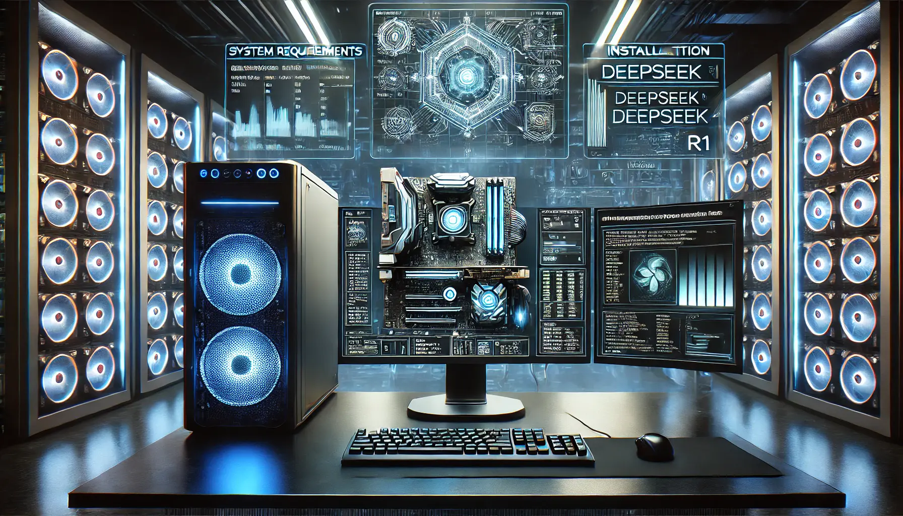 A high-performance AI workstation with multiple screens displaying system specifications, GPU configurations, and AI software installation for DeepSeek R1.