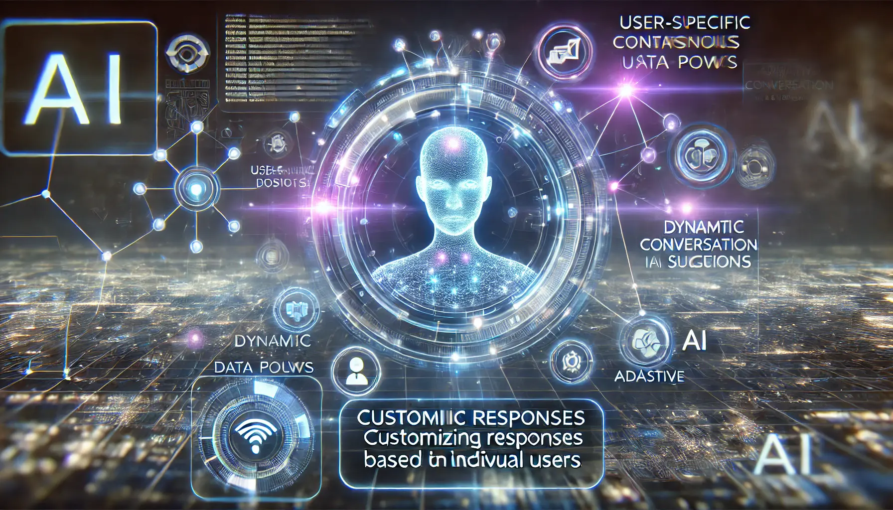 A futuristic AI system personalizing responses for individual users, visualized with a glowing holographic interface displaying user-specific data points and adaptive conversation flows.