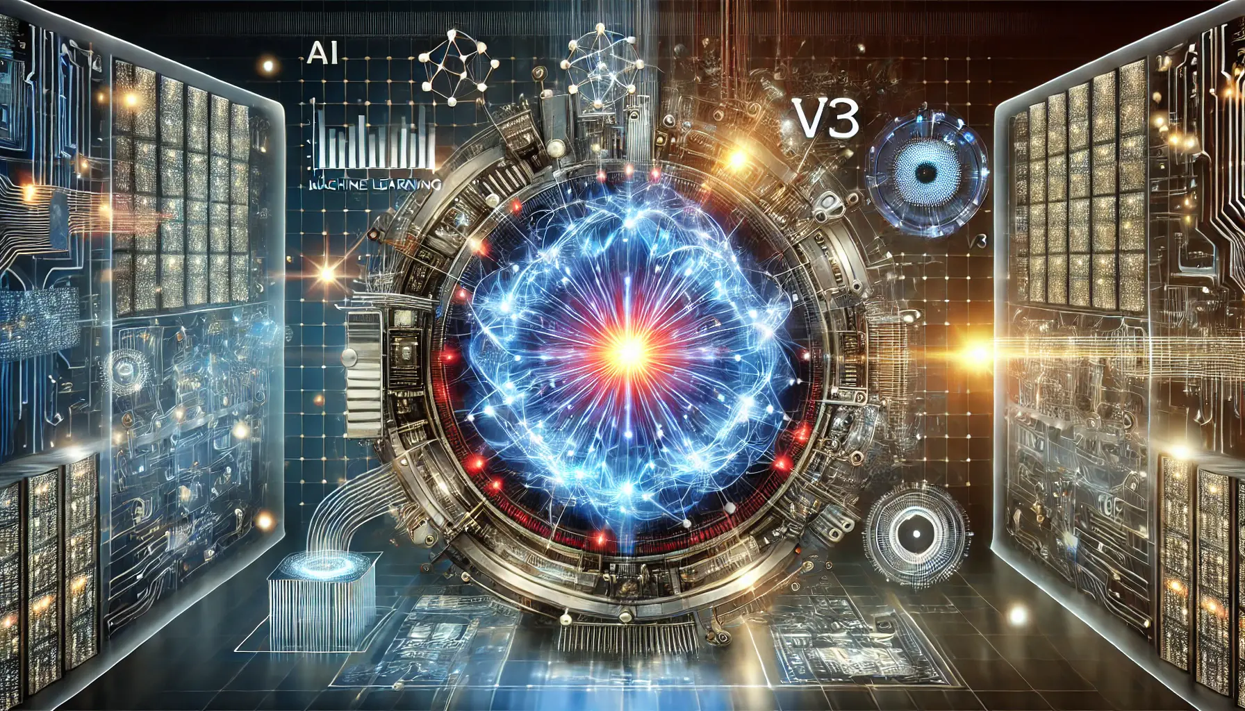 A futuristic AI system with a glowing neural network, advanced data processing units, and dynamic energy waves symbolizing technical advancements.