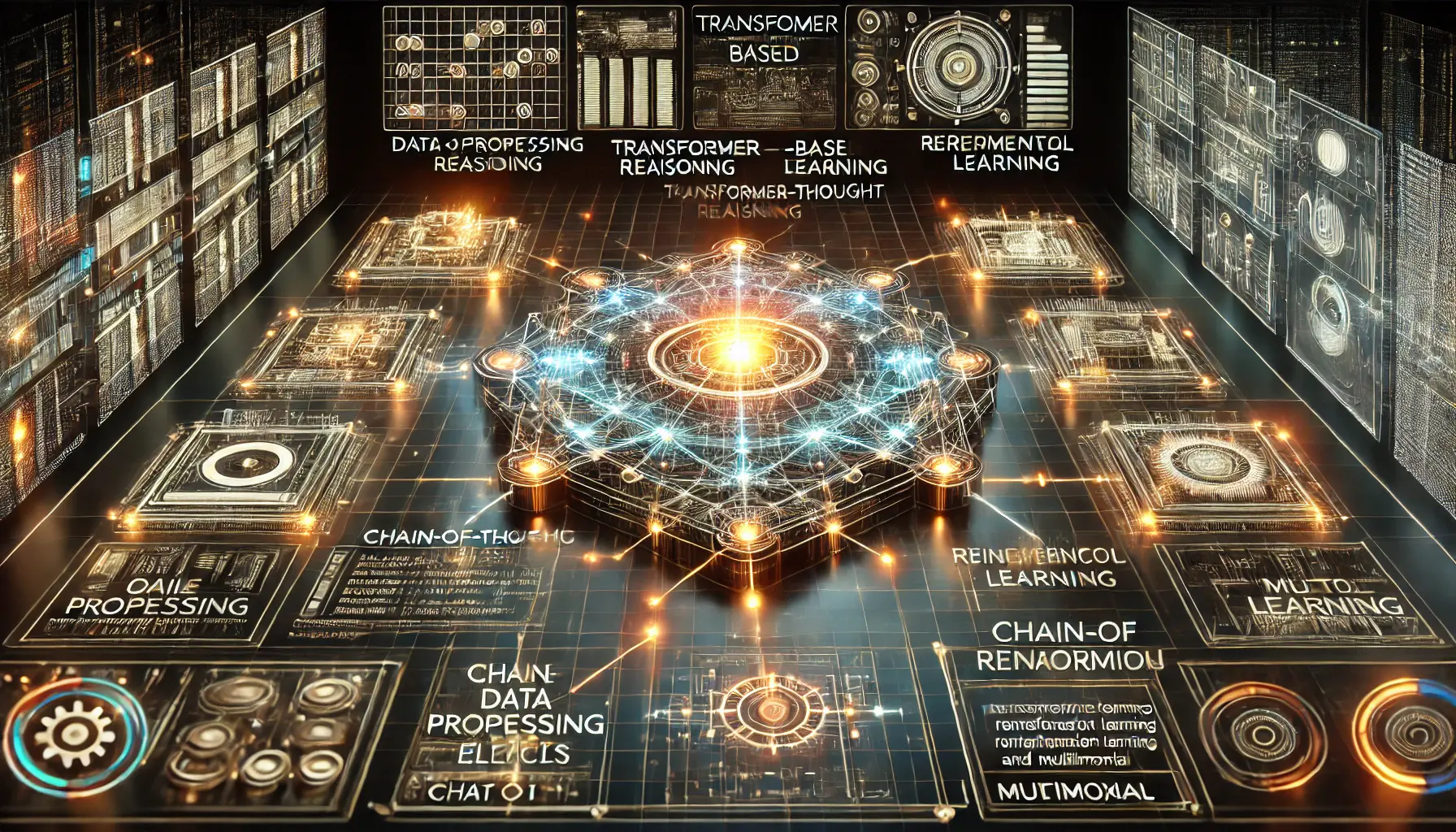 A high-tech visualization of an AI neural network with interconnected nodes representing the transformer-based framework.