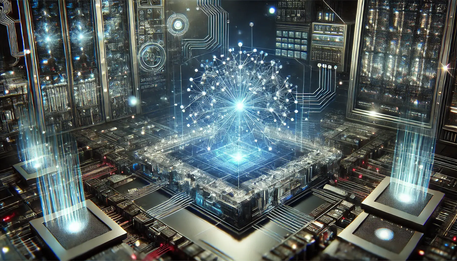 A high-tech visualization of an AI system's architecture with interconnected neural networks, glowing circuits, and holographic data streams.