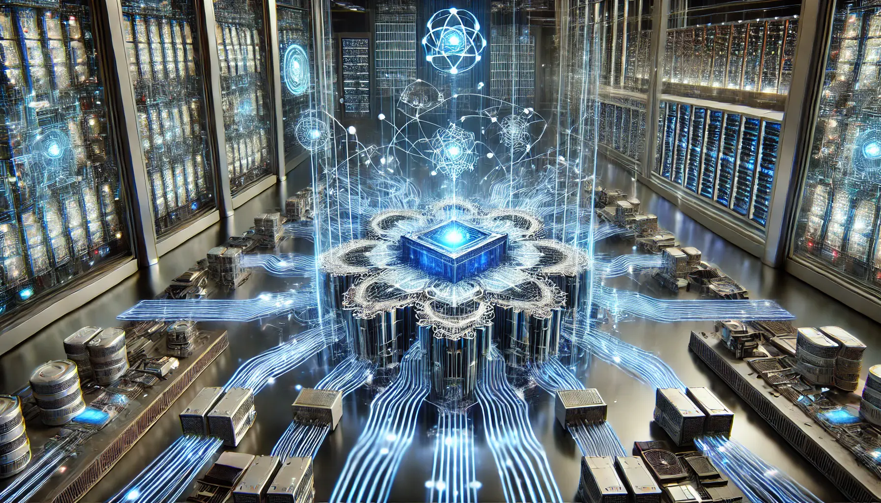 A futuristic visualization of AI technical architecture with glowing circuit pathways and a central AI core processing data.