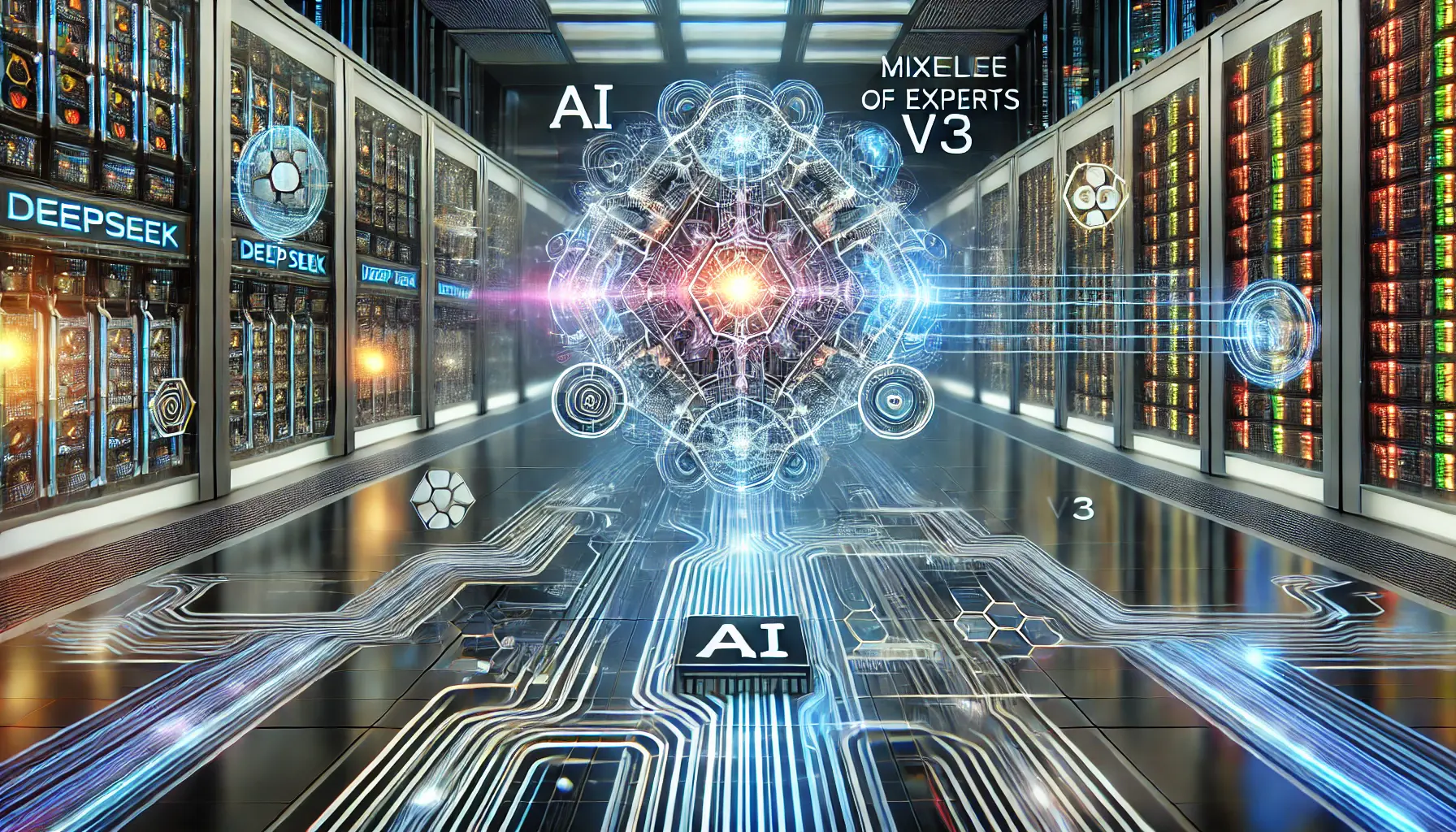 A futuristic representation of DeepSeek v3's AI technical architecture with intricate digital pathways and glowing AI cores.