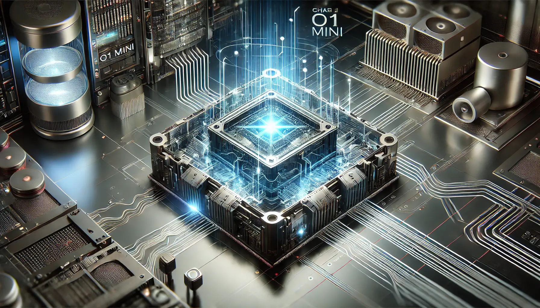 A high-tech AI processing unit with glowing data streams and futuristic circuitry, symbolizing the optimized neural network of ChatGPT o1 Mini.