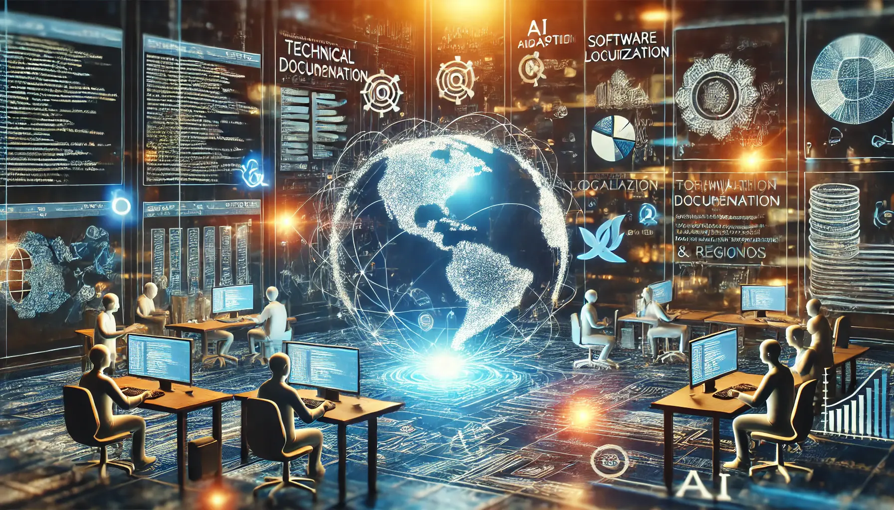 A digital representation of software localization, showing developers working on translating technical documentation across different languages.