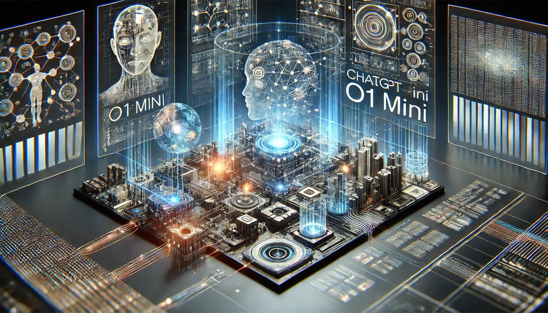 A futuristic digital scene showcasing the technical advancements of ChatGPT o1 Mini, featuring neural networks and AI algorithms for multilingual processing.