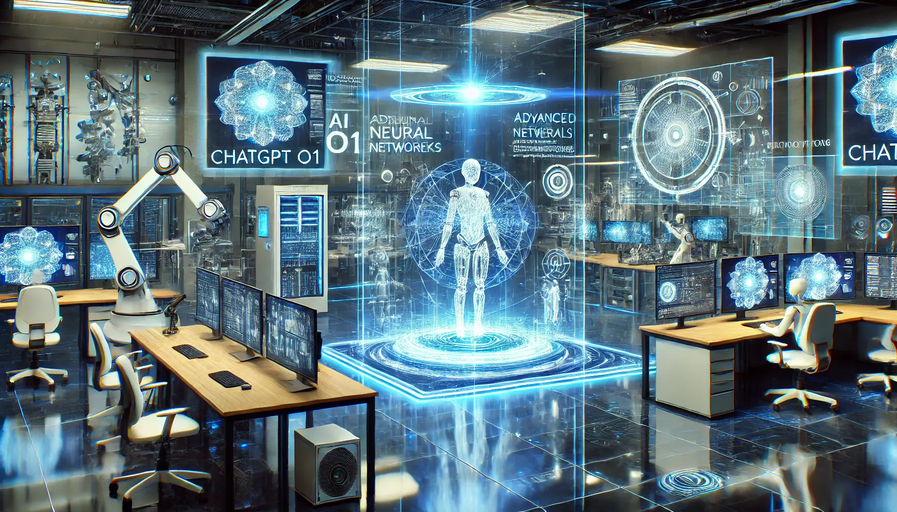 A high-tech AI development lab featuring holographic data visualizations, advanced neural networks, and AI-powered robotic arms optimizing algorithms.