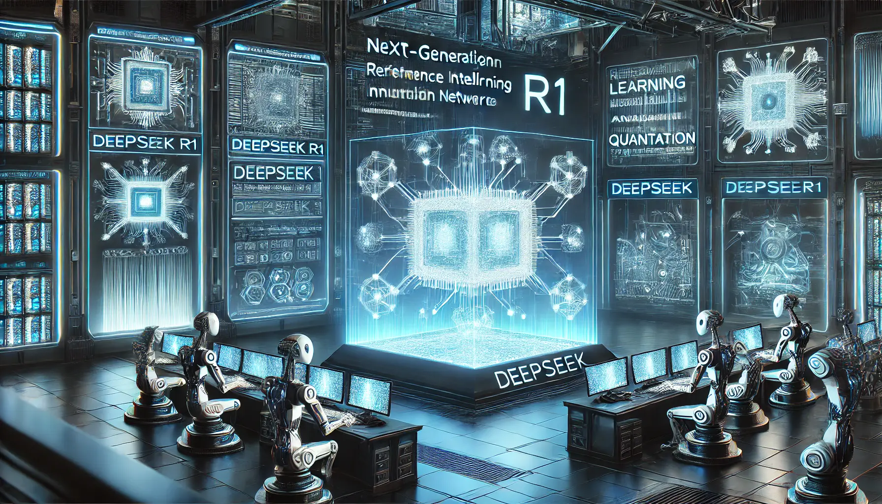 A high-tech AI innovation lab showcasing DeepSeek R1's advanced capabilities with AI processors, holographic data displays analyzing neural networks, and robotic arms assembling AI hardware.