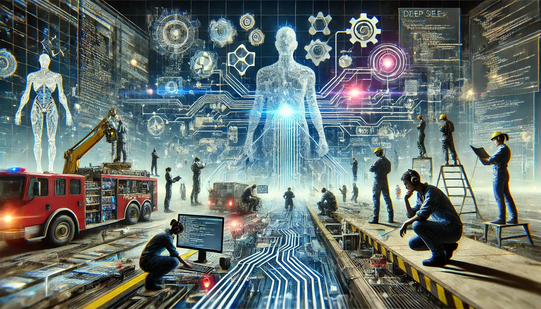 A futuristic scene showing engineers working on complex code and system integrations, with broken connections, malfunctioning components, and overlapping digital systems, symbolizing technical hurdles.