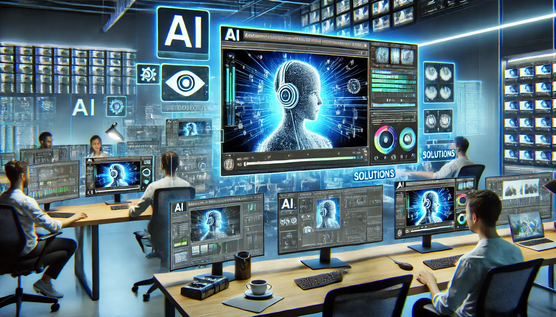 A high-tech digital workspace showing AI-driven video production with technical limitations and solutions being applied.