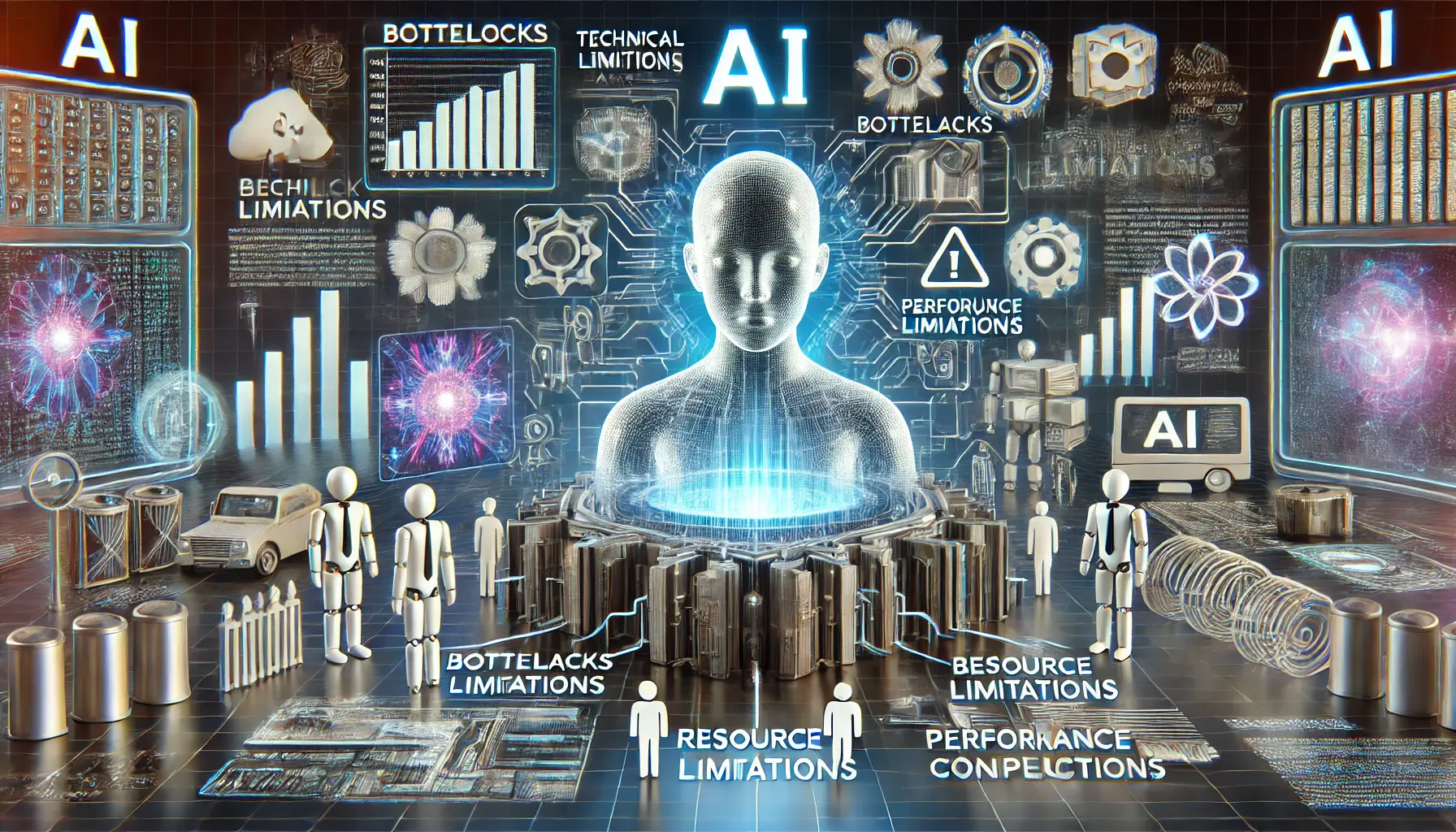 A futuristic visualization of technical limitations in AI, featuring an AI model surrounded by barriers like malfunctioning data streams, error symbols, and performance constraints.