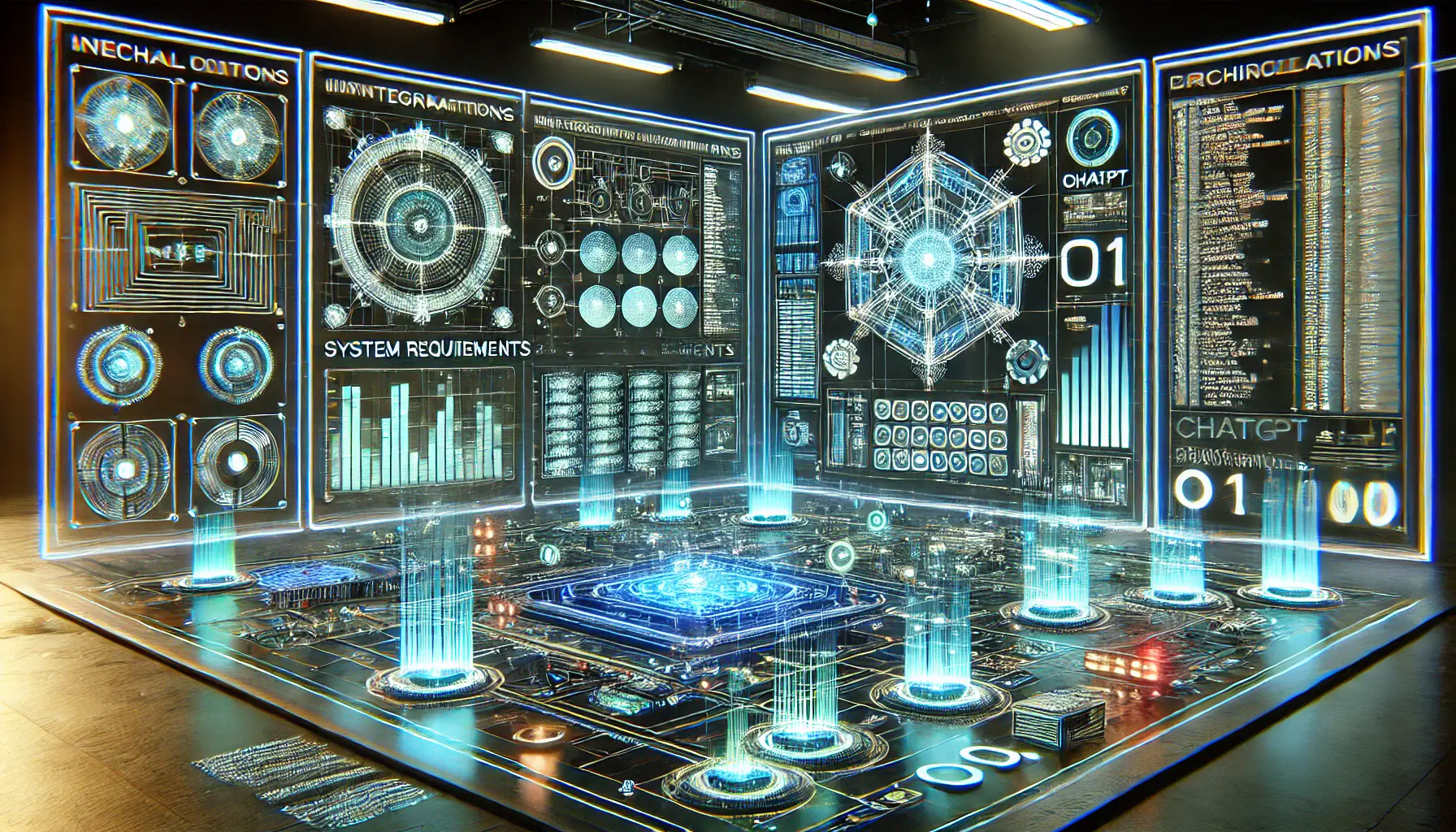 A high-tech digital workspace showing complex technical diagrams, system requirements, and architecture designs for integrating an AI system like ChatGPT o1.