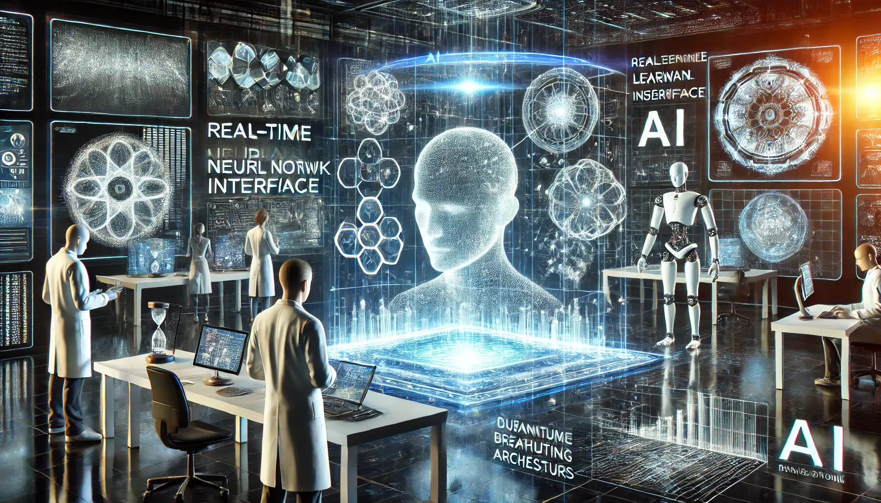 A futuristic AI research lab showcasing advanced neural networks, reinforcement learning, and quantum computing.