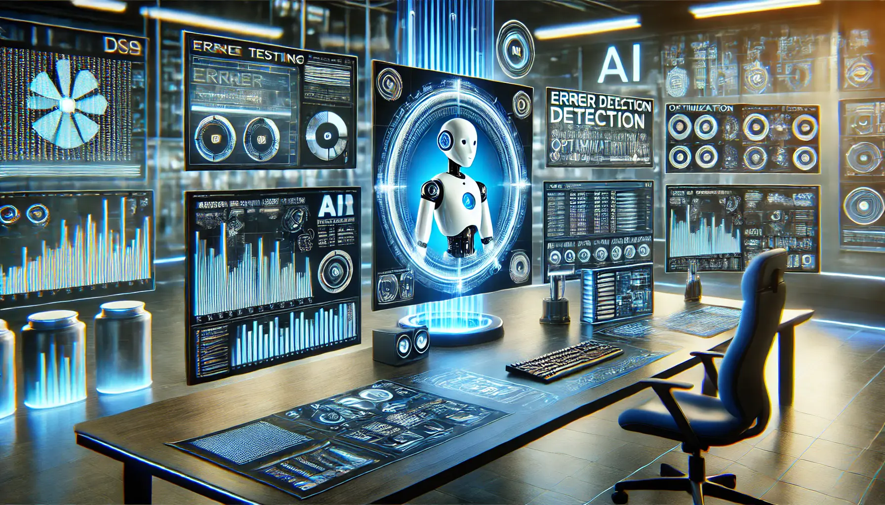 A high-tech workstation showing real-time testing and optimization of an AI chatbot, with multiple screens displaying performance metrics and optimization settings.