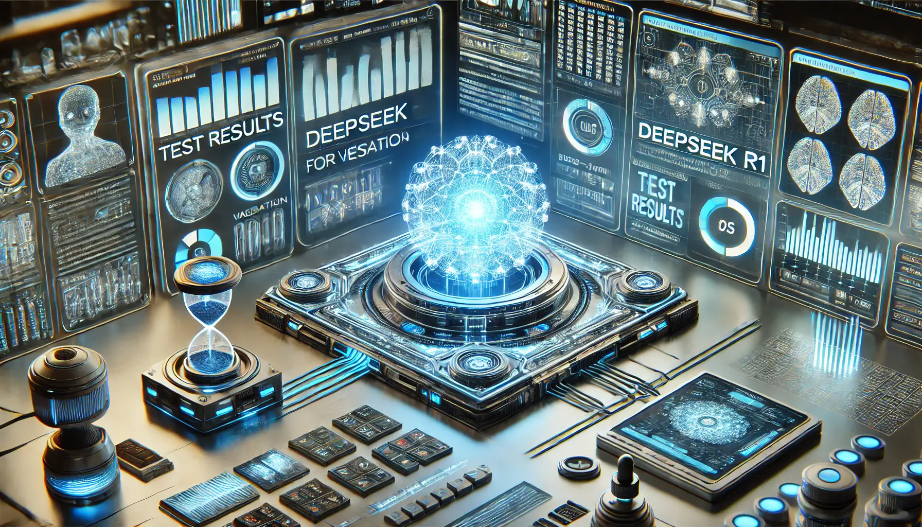 A futuristic AI testing and validation environment featuring holographic interfaces displaying test results, validation metrics, and debugging processes. A glowing AI core represents DeepSeek R1, surrounded by interconnected diagnostic panels and real-time system monitoring visuals.