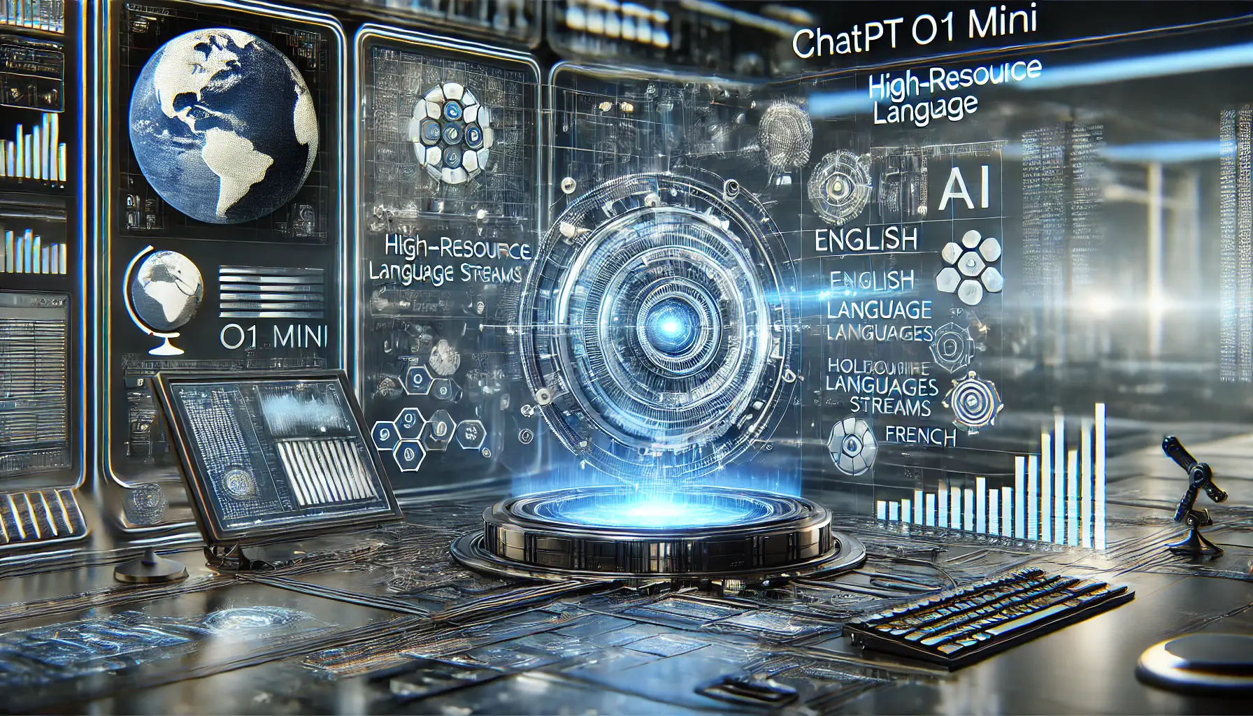 A futuristic AI system, ChatGPT o1 Mini, analyzing high-resource languages through a digital interface with a neural network and holographic data streams.