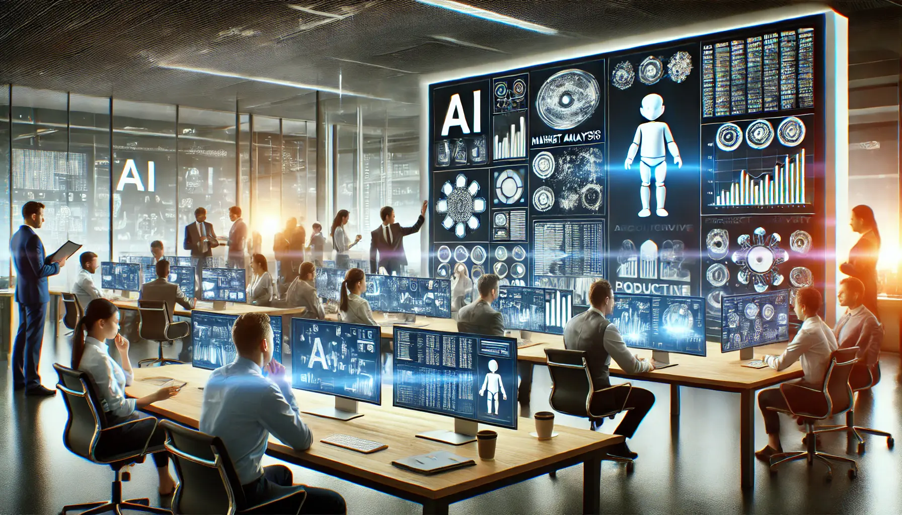 A modern consulting office where professionals use AI tools to enhance productivity and analyze data on interactive screens.