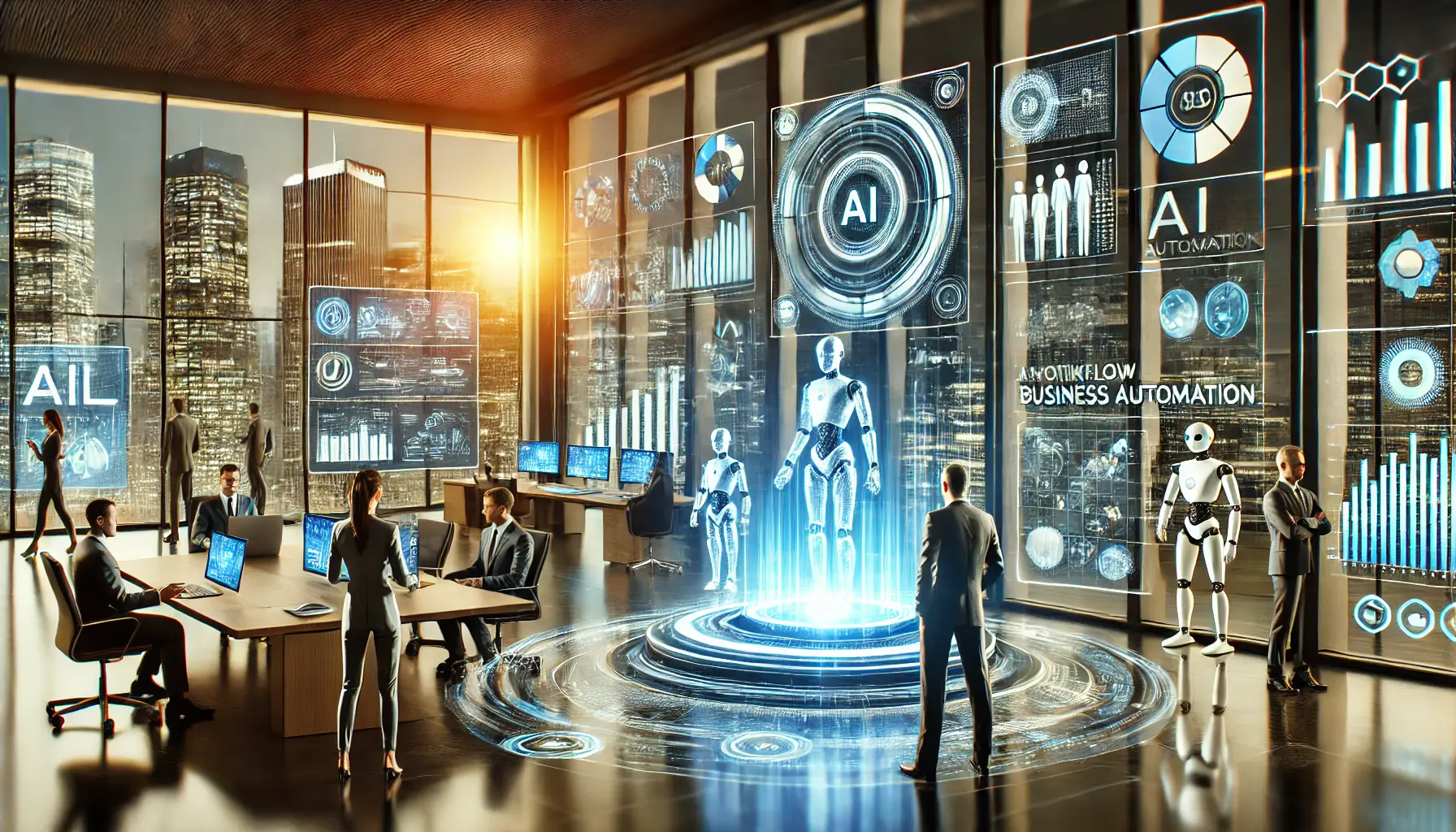 A futuristic business environment with AI-driven automation, holographic screens displaying analytics, and robotic assistants performing tasks.