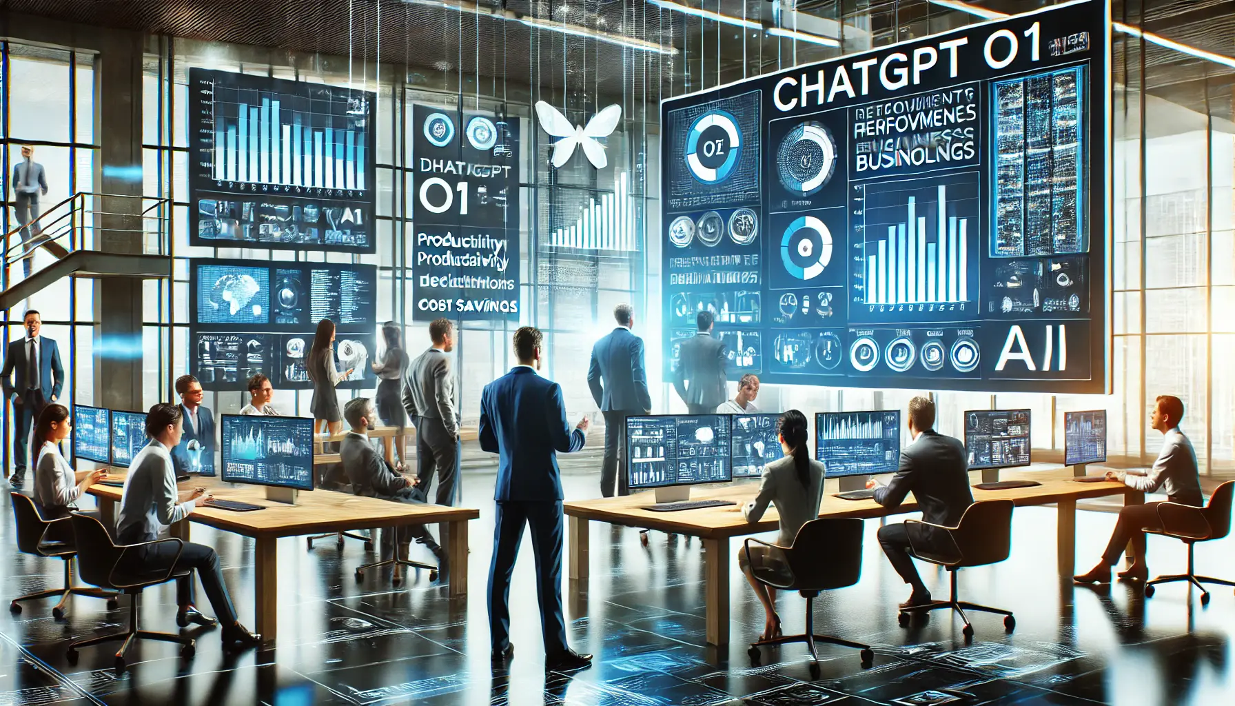 Professionals analyzing the business impact of ChatGPT o1, discussing improvements in productivity, decision-making, and cost savings with data metrics displayed on digital screens.