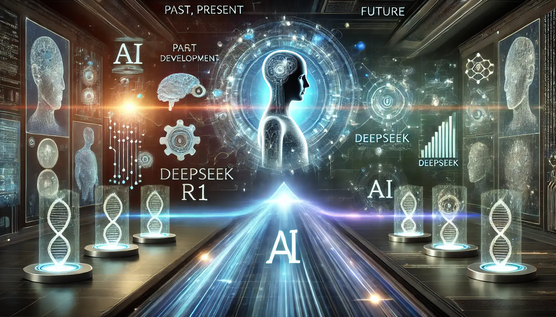 A futuristic AI evolution scene showing the development of DeepSeek R1 from its early stages to anticipated advancements, with glowing data streams linking each phase.