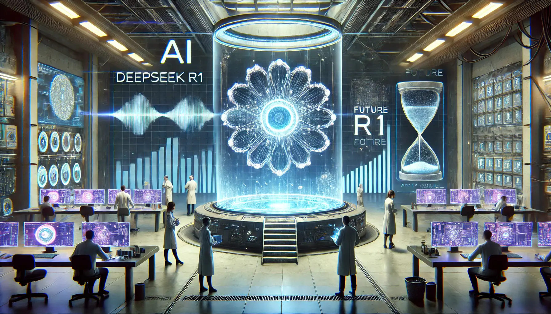 A futuristic AI research facility with holographic projections showcasing the timeline of DeepSeek R1’s evolution and future advancements.