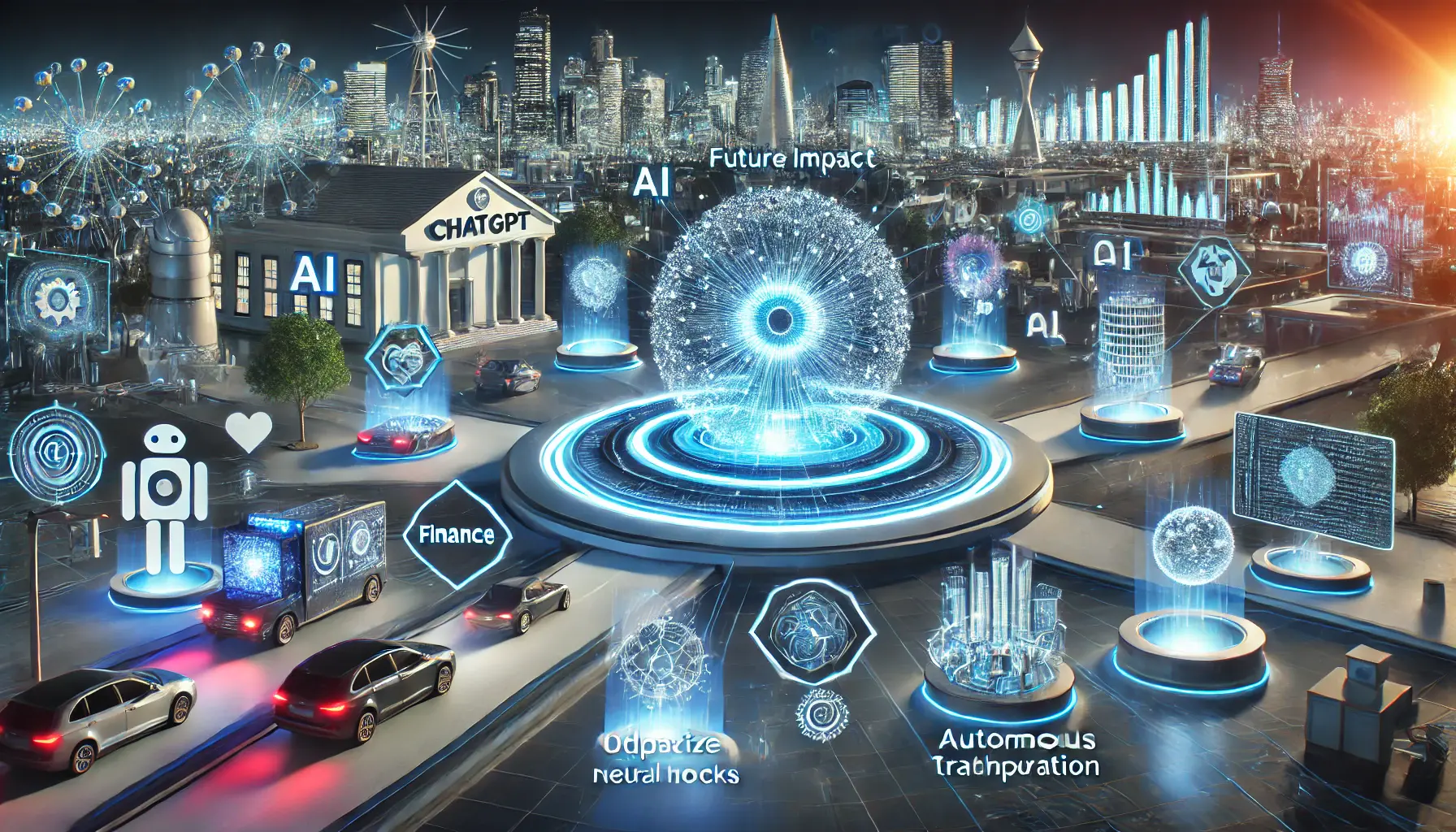 A futuristic scene illustrating the impact of ChatGPT o1 across industries like healthcare, finance, education, and autonomous transportation, with AI systems optimizing each sector.