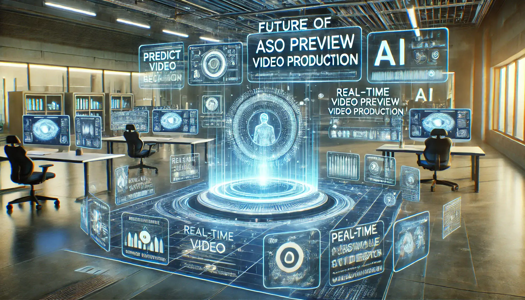 A futuristic digital workspace showcasing AI-driven video production tools optimizing ASO preview videos for the future.