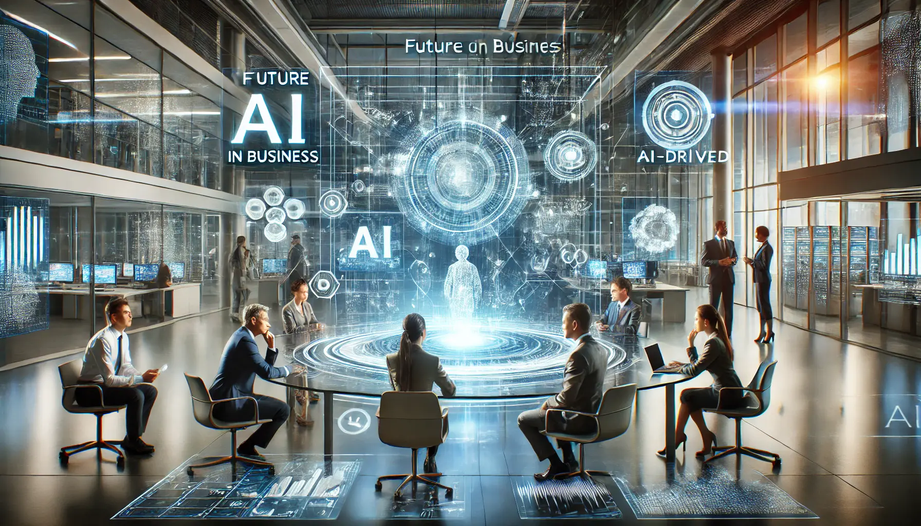 A futuristic business environment where professionals discuss the potential of AI technologies with holographic data analytics and projections.