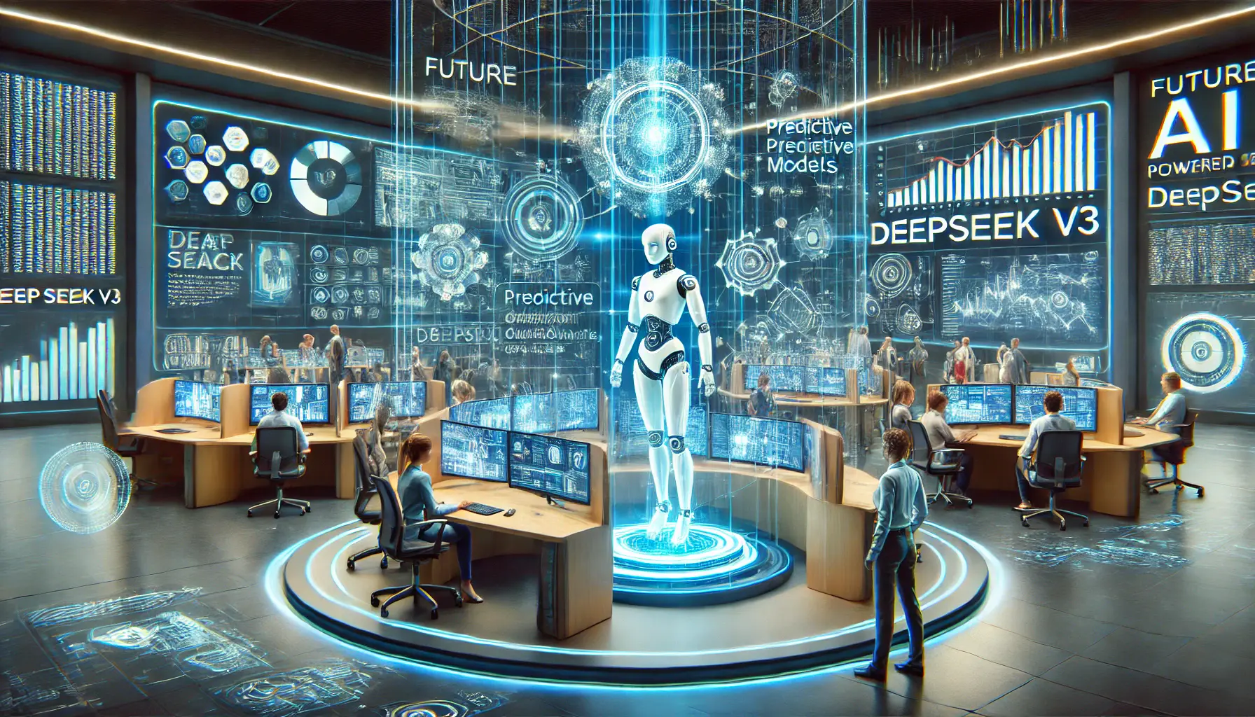 A futuristic customer service center powered by DeepSeek v3, showcasing advanced AI systems providing personalized support through high-tech interfaces.