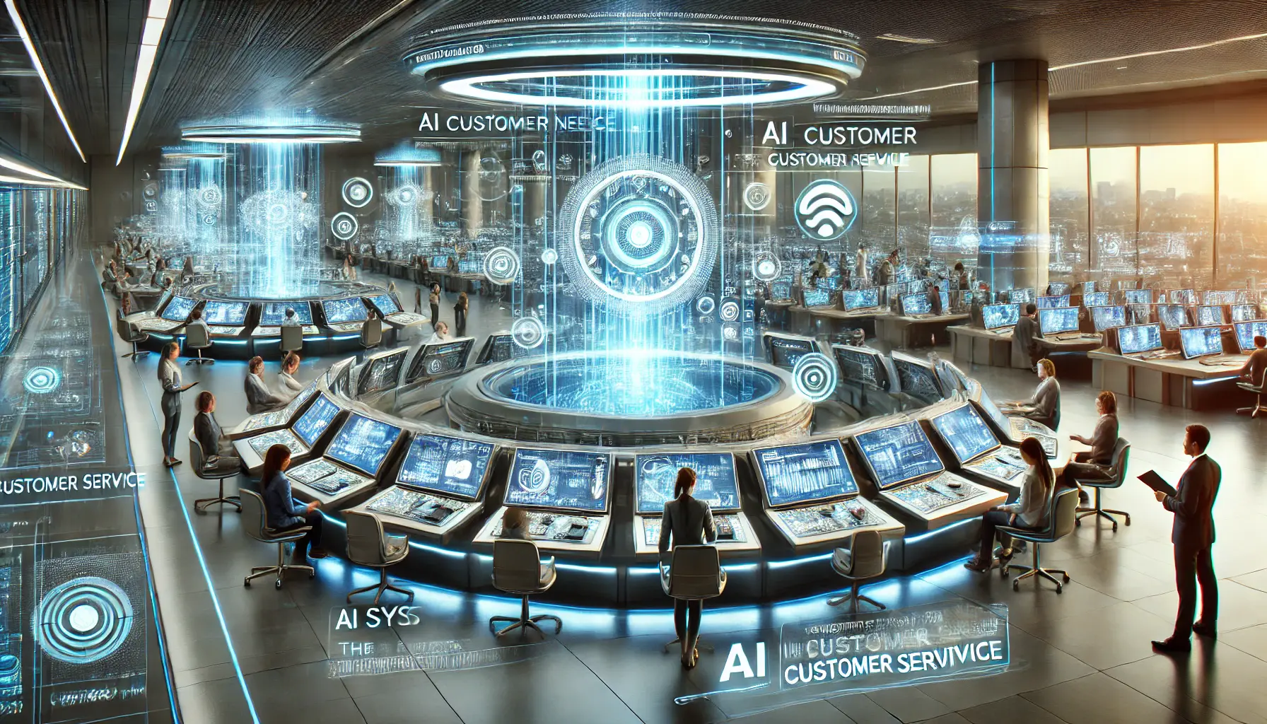 A futuristic customer service center powered by advanced AI systems, showcasing real-time interactions and predictive customer support.