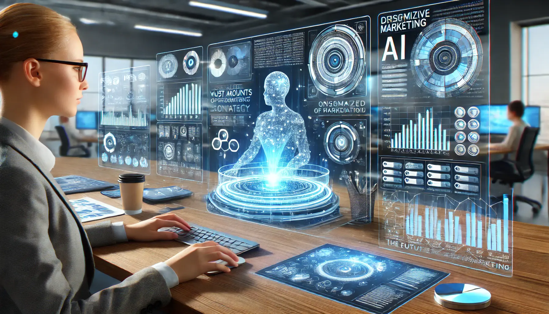 A futuristic digital marketing workspace where AI tools analyze data, create personalized content, and optimize strategies. Holographic interfaces display insights, illustrating the transformative role of AI in digital marketing.