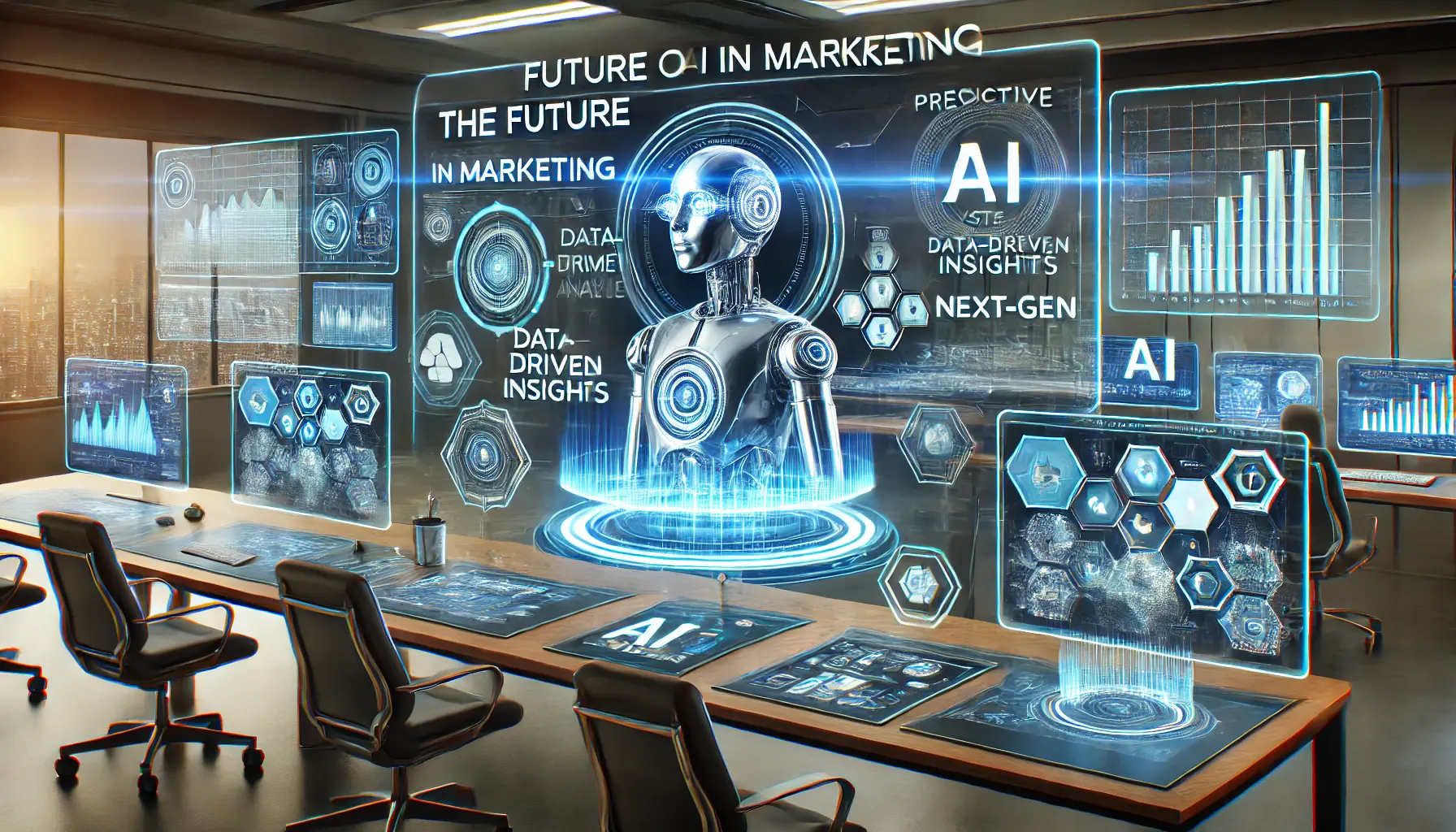 A futuristic digital marketing lab with holographic screens displaying AI-driven models, data insights, and trend forecasting.