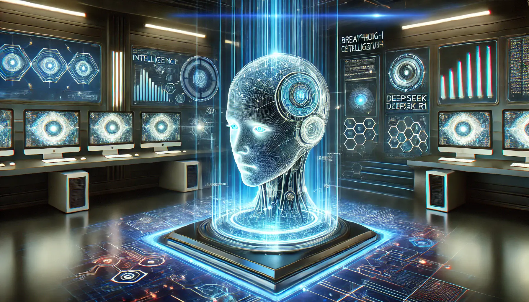 A futuristic representation of artificial intelligence innovation featuring a sleek AI model with glowing neural networks and digital holograms in a high-tech research lab.