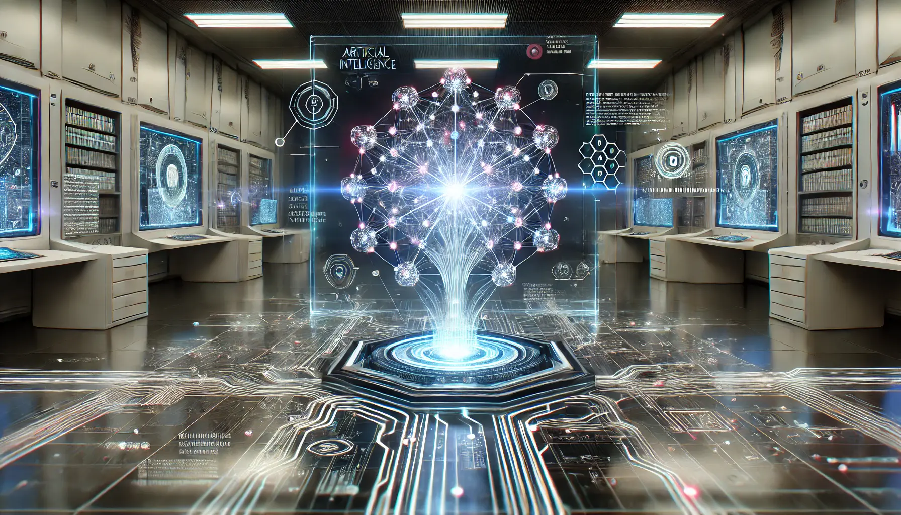 A futuristic representation of artificial intelligence with a neural network and glowing nodes interconnected by high-tech circuits in a modern sci-fi lab.